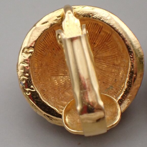 CHANEL CC Logo Rhinestone Round Button Earrings Clip-On Gold Vintage - Picture 12 of 16